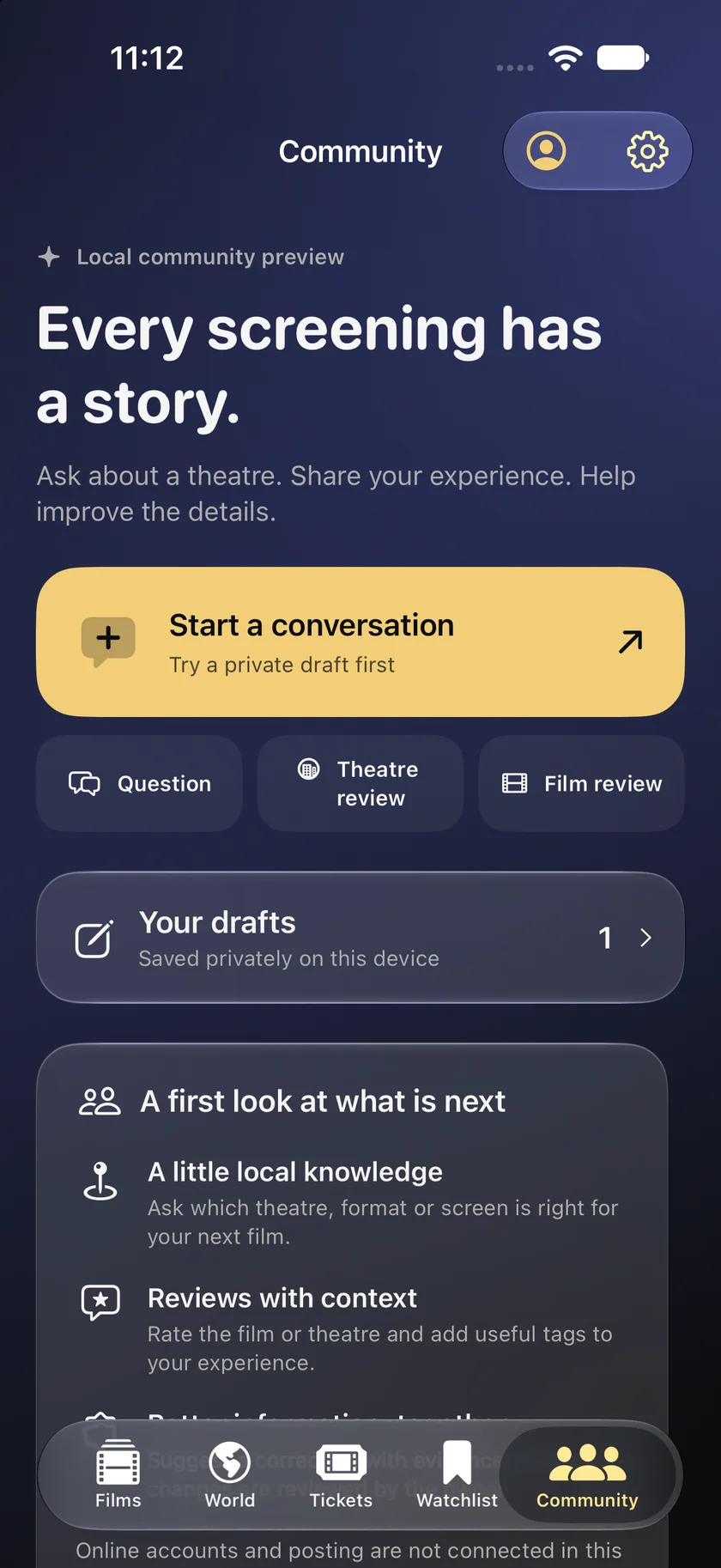 Cinema Scout Version 2’s local Community preview, with private drafts and theatre and film review categories